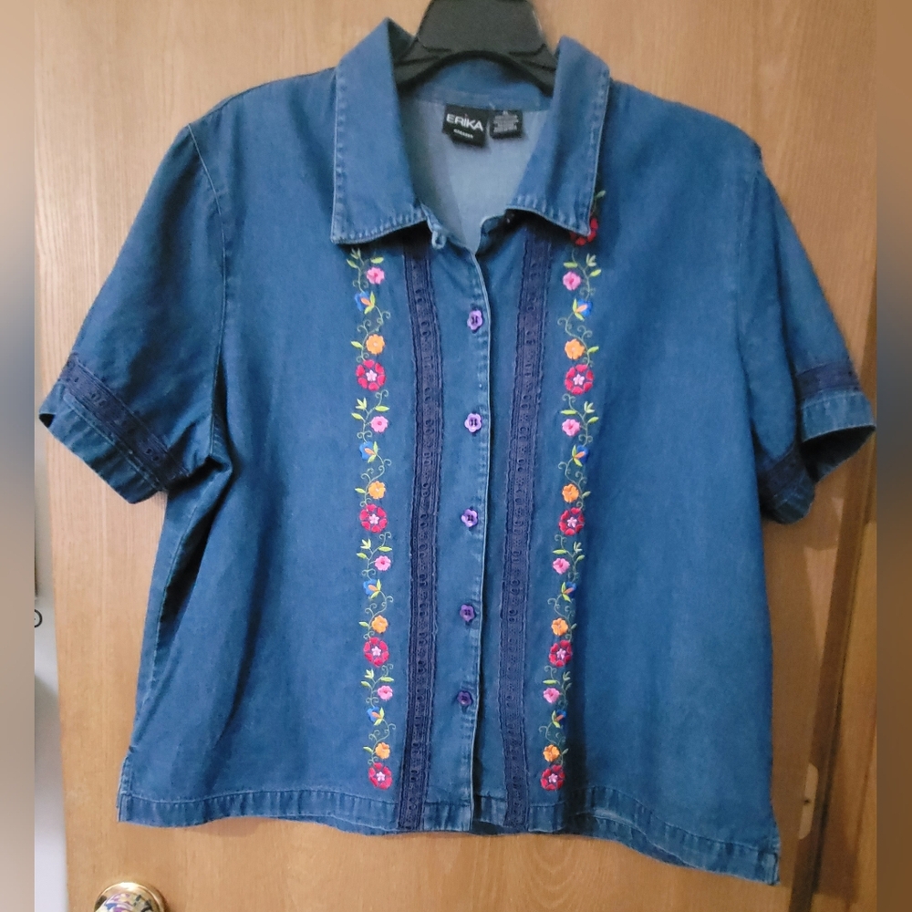 ERIKA DRESSES 100% Cotton Floral Embroidered Denim Shirt, Top XL